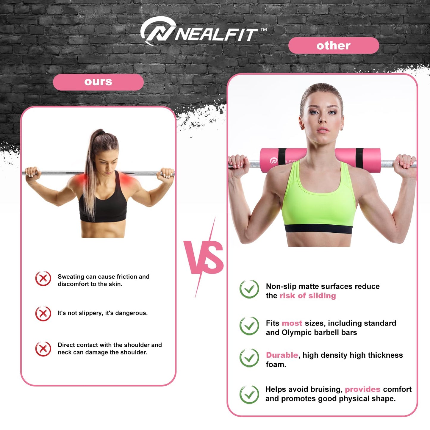 NEALFIT Barbell Pad Squat Pad for Squats—Squat Bar Pad—Great for Weightlifting,Lunges and Hip Thrusts—Foam Sponge Pad—Fit Standard and Olympic Bars Perfectly (Pink)