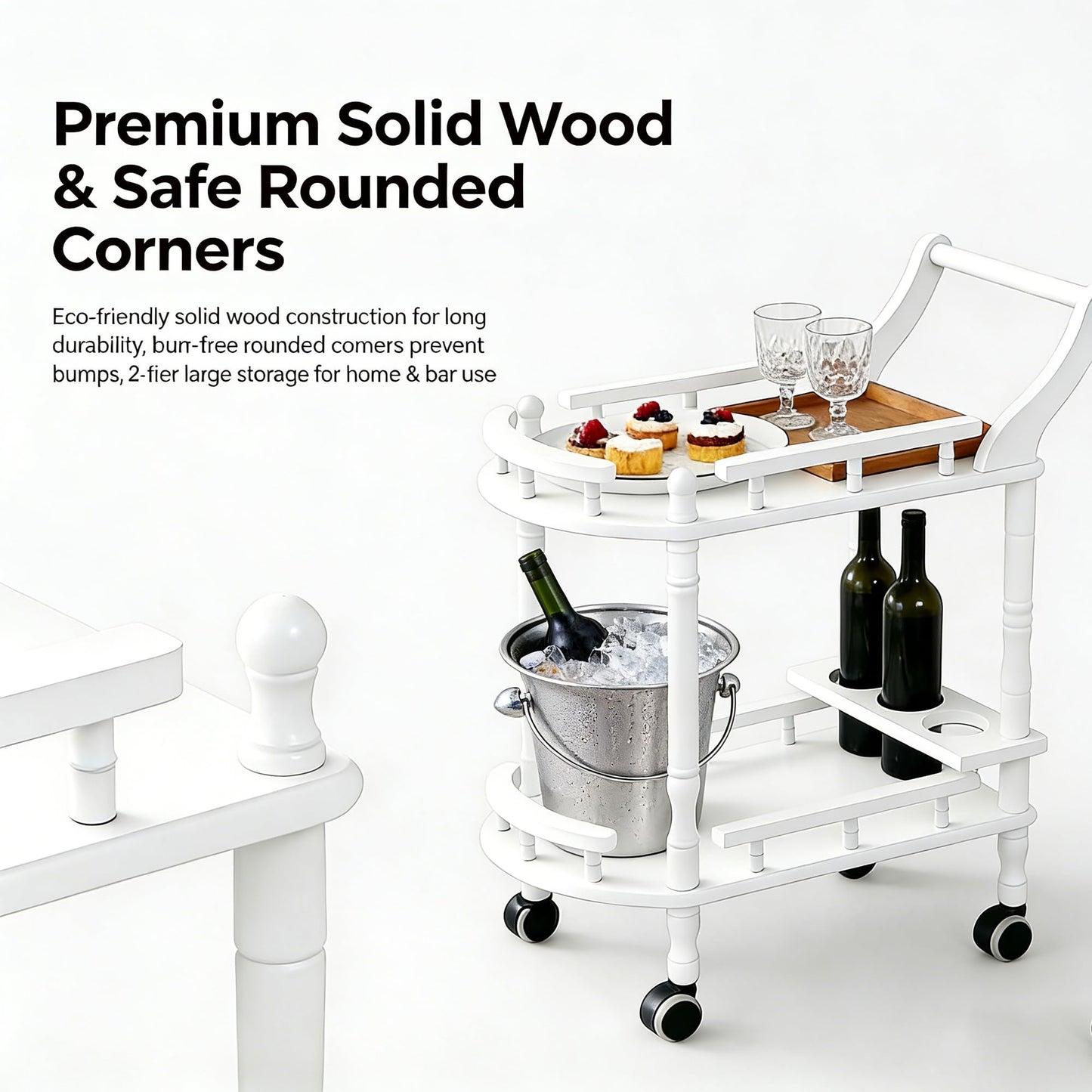 Wiz Conal Entertainment Kitchen Cart, Midcentury Modern Imported rubberwood White Finished Wood 2-Tier Mobile Bar Cart Serving Cart