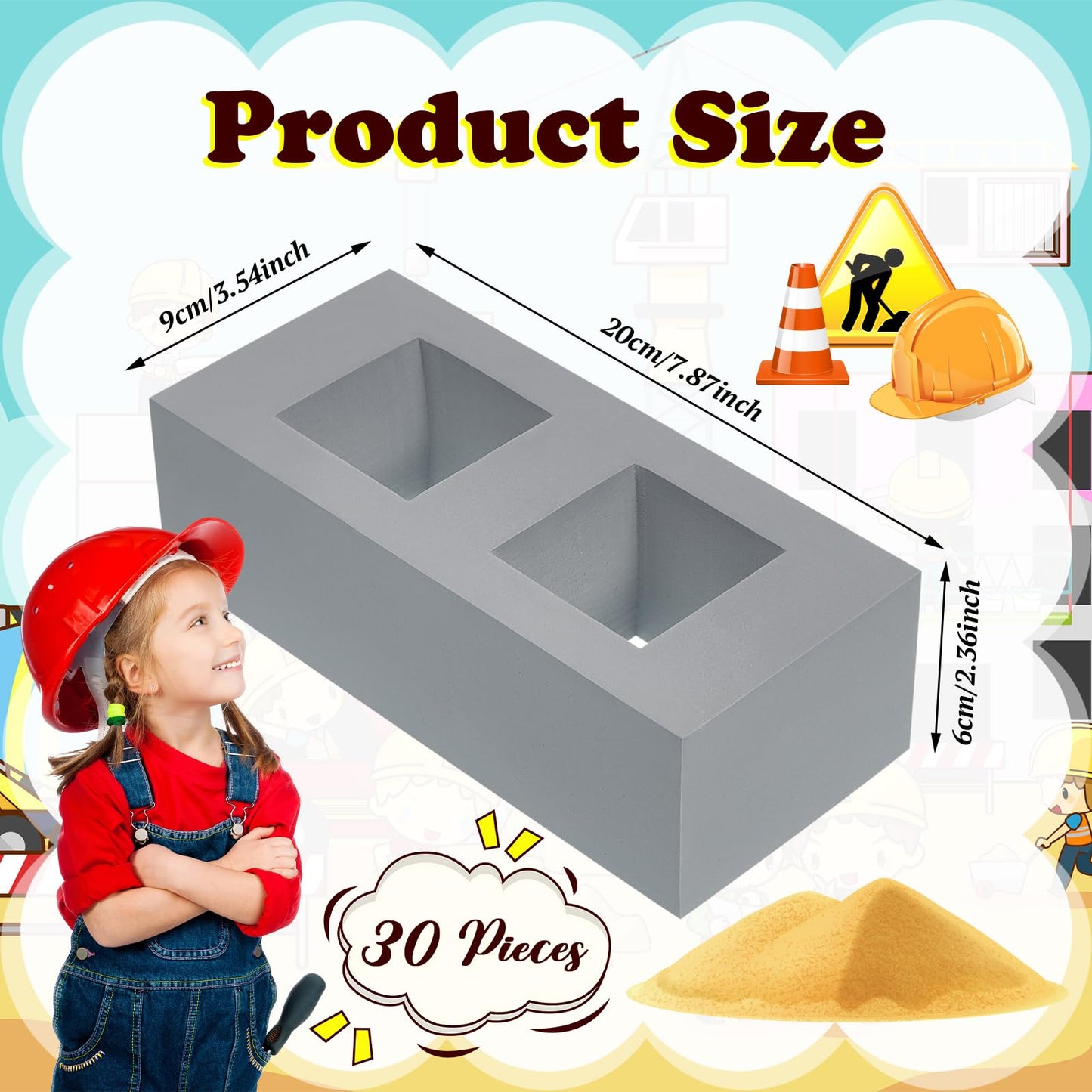 Deekin Foam Brick Building Blocks for Kids Thick Blocks Foam Large Fake Brick Construction Toy for Stacking Construction Gifts, 8 x 4 x 2.4 in(30 Pcs,Square Holes)