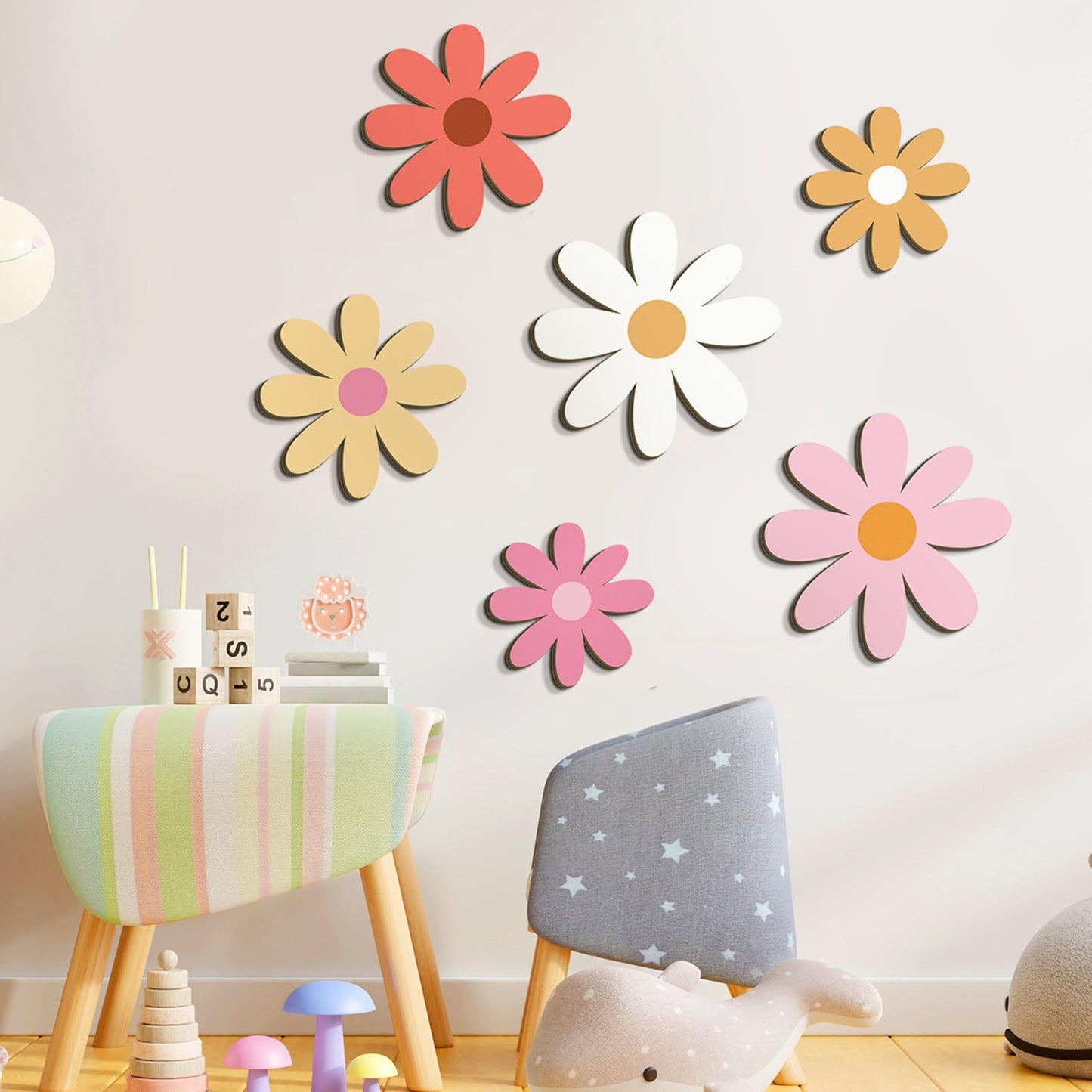 Thyle 6 Pcs Boho Daisy Wall Decor Boho Nursery Decor for Girls Natural Wall Hanging Bohemian Wooden Art Farmhouse Flower Hanging Signs for Home Office Nursery