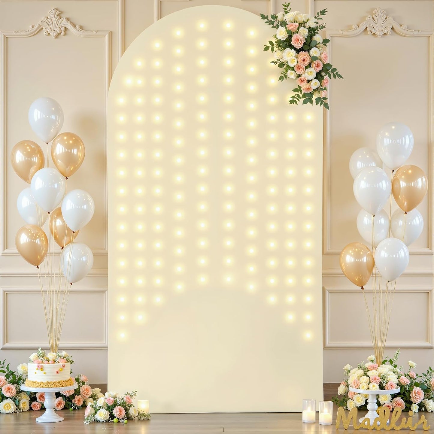 Suppromo 6ft Beige Arch Cover with Lights Beige Spandex Wedding Arch Backdrop Cover for Bridal Shower Birthday Party