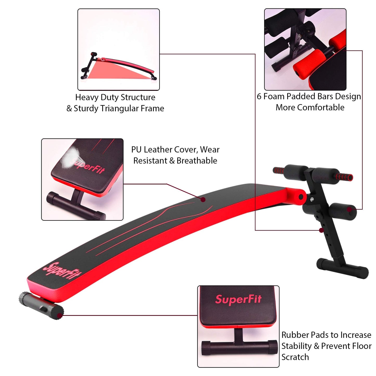 Goplus Adjustable Sit Up Bench, Abdominal Training Workout Slant Bench, Decline Curved Ab Bench for Home Gym Ab Exercises (Red)