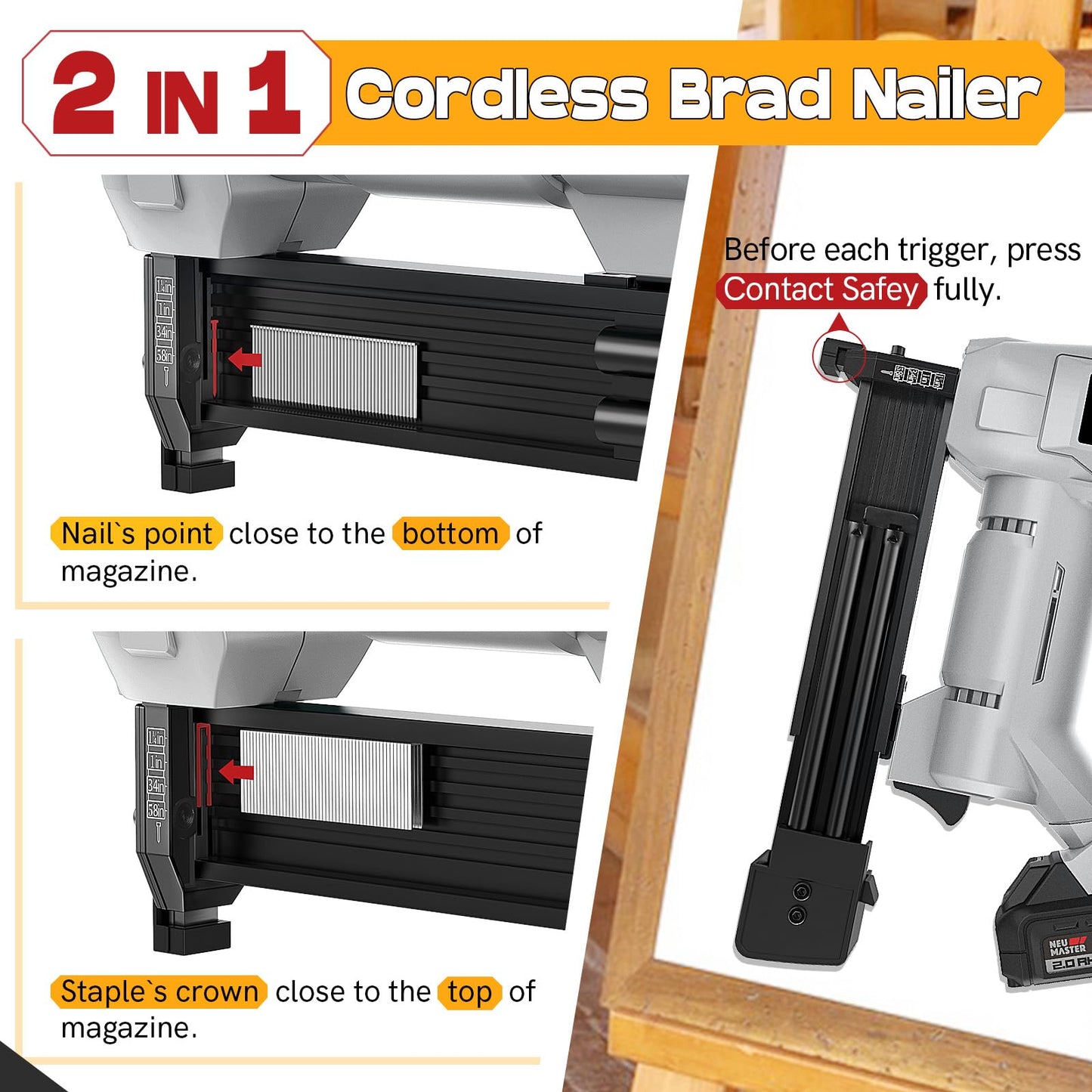 20V Nail Gun Battery Powered, 18 GA 2-in-1 Cordless Brad Nailer Stapler with 2.0Ah Battery, 800 Nails(Up to 1-1/4") and 200 Staples, Electric Nail Gun for Upholstery, Woodworking & Home Improvement