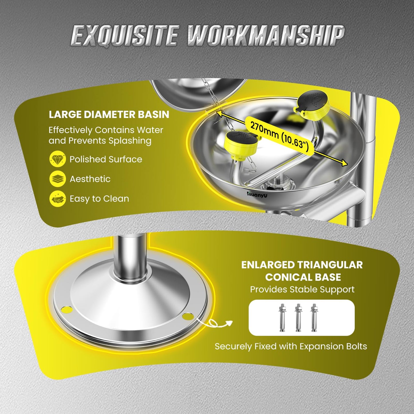 Huanyu Emergency Shower and Eye Wash Station OSHA Approved Safety Shower and Eyewash Station Combination 304 Stainless Steel Stand Plumbing Eye Washing Unit with Eyewash Sign Industrial Lab (YX-Y2)
