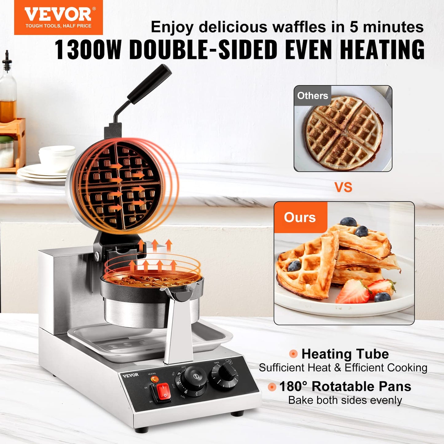 VEVOR Commercial Waffle Maker, 1300W Round Waffle Iron, Non-Stick Rotatable Waffle Baker Machine With 122-572℉ Temp Range and Time Control, Teflon-Coated Baking Pan Stainless Steel Body 110V