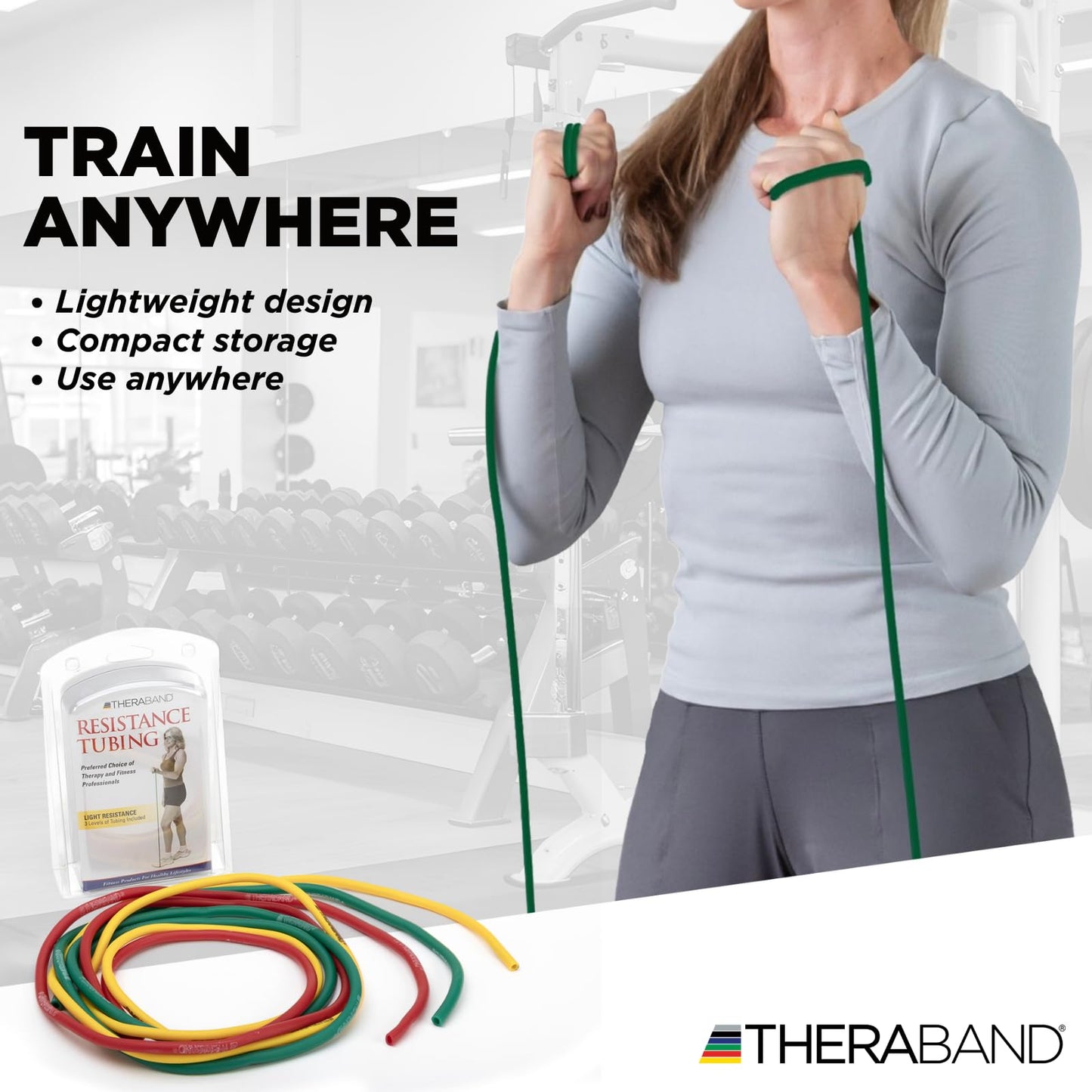 THERABAND Resistance Tubes, Begginer Set, Yellow, Red, and Green, 5 ft Latex Tubing, Home or Clinic Use, Cut-to-Fit, Color-Coded Resistance Bands for Upper & Lower Body Workouts