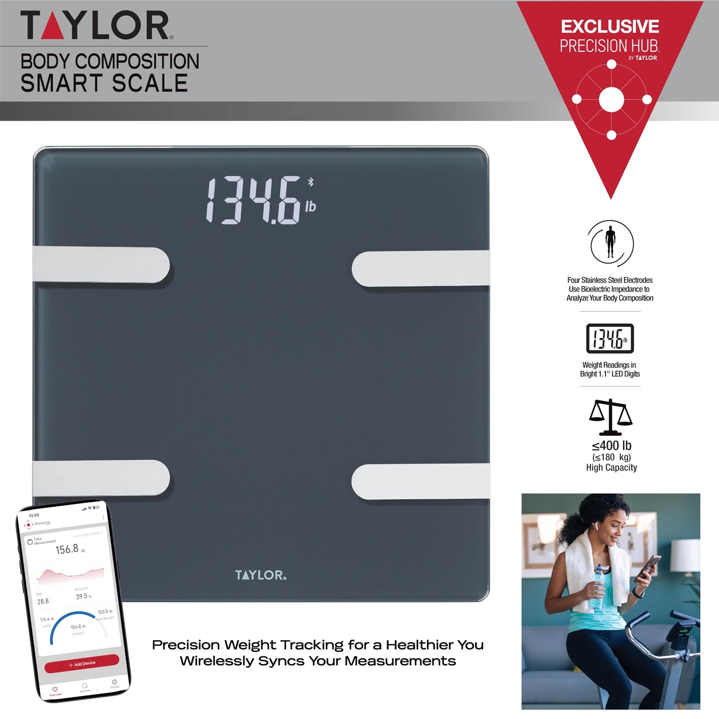 Taylor Smart Body Composition Scale with Precision Hub App for Body Weight with Smart App Connectivity, Third Party Sync, 400 lb Capacity, Durable Glass Platform, Charcoal