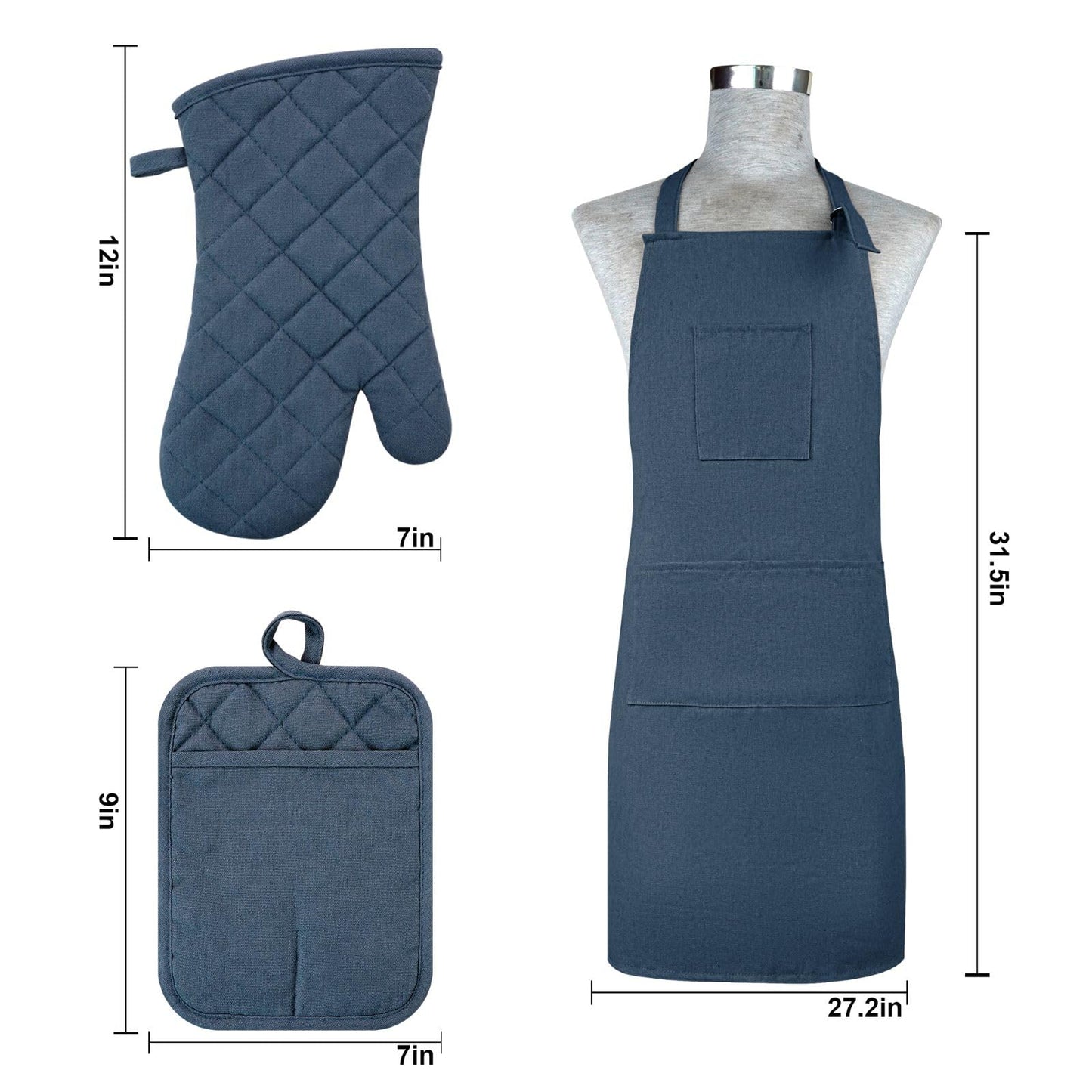 Oven Mitts and Pot Holders with Cooking Apron Set of 5, Heat Resistant Kitchen Gloves and Silicone Non-Slip Potholders, Adjustable Neck Buckle Chef Apron, Cotton Nice Design for Cooking （Navy…