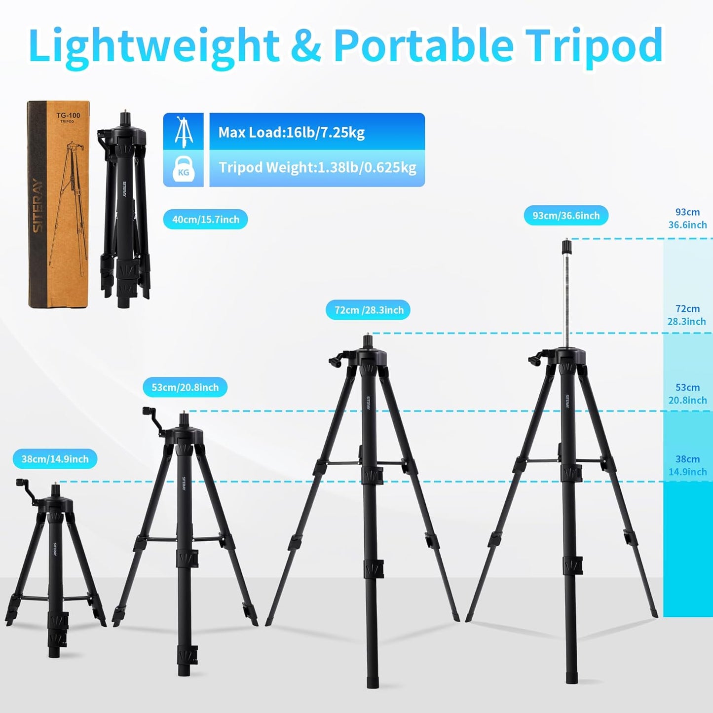 SITERAY 39 Inch 1/4"-20 5/8" Portable Tripod, Lightweight Adjustable Stand with Horizontal Bubble Level, & Thread Mount