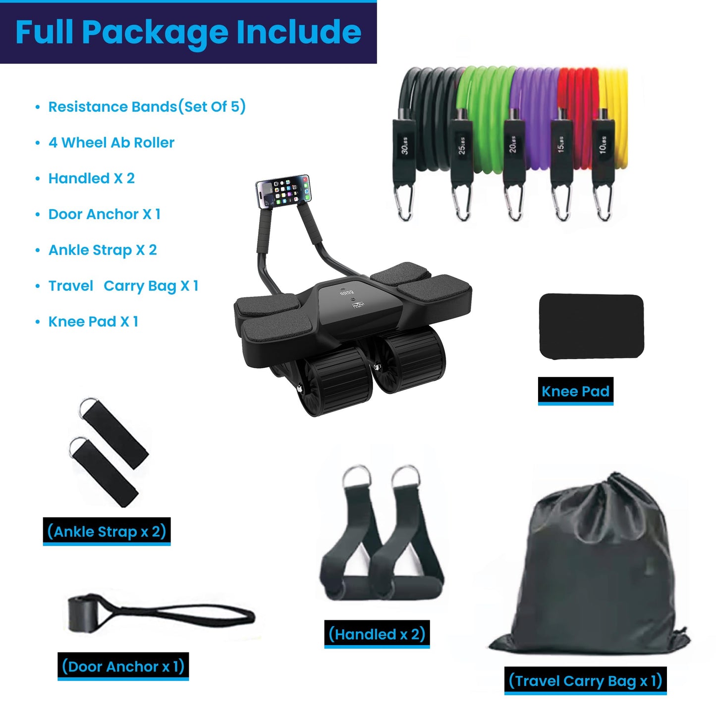 Ab Roller Home Gym Equipment – 4 Wheels Ab Wheel Muscle Roller, 5Pcs Resistance Bands, Ankle Straps, Door Anchor, Handles, Travel Bag– Comfortable Elbow Support with Non-Slip Handles
