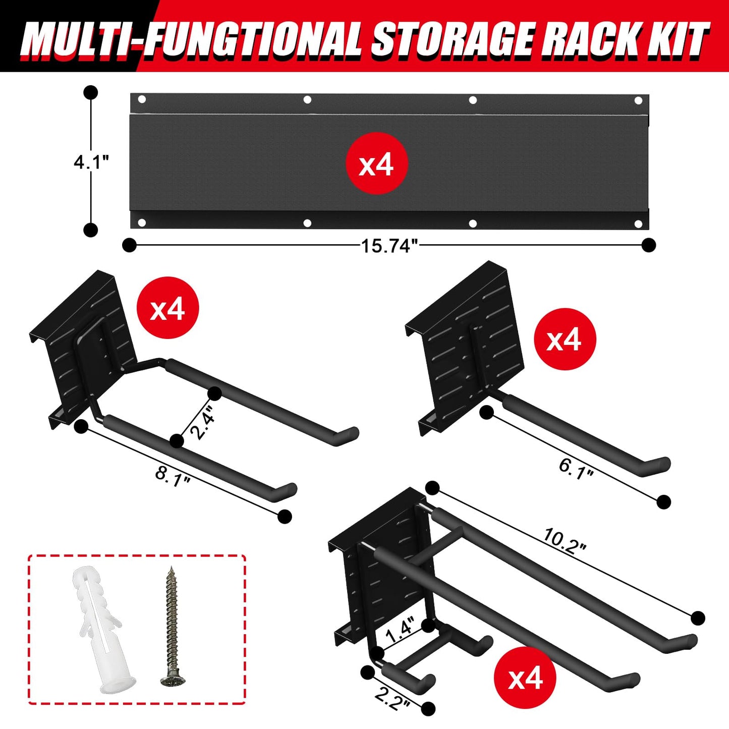 Howzone 64 Inches Garage Organization, Wall Mount Garden Tool Organizer, 880lbs Adjustable Heavy Duty Metal Hanging Hooks, Garden Tool Storage Rack for Garage, Yard, and Shed (4 Racks, 12 Hooks)