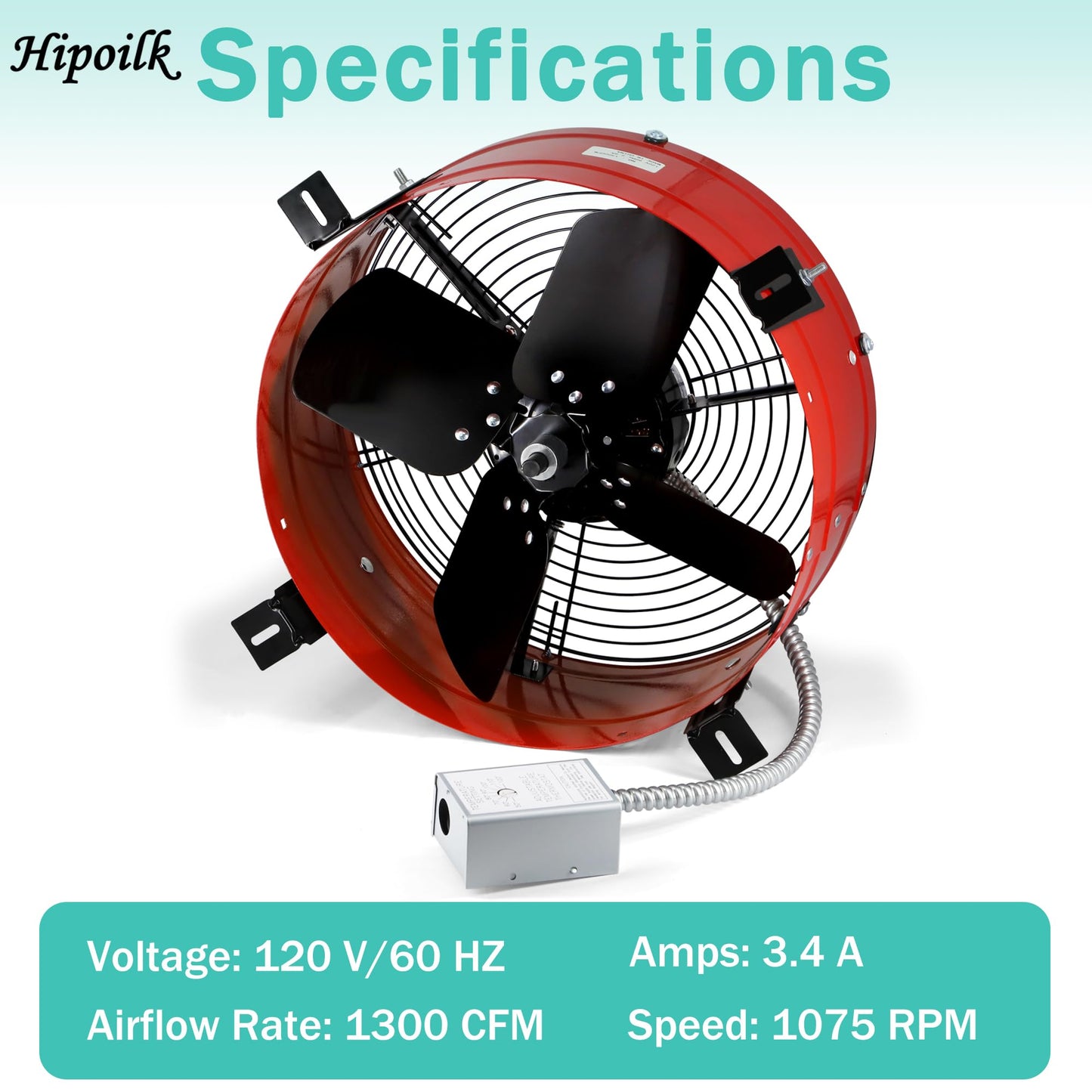 Hipoilk Gable Mount Attic Fan with Adjustable Thermostat, 15 Inch Exhaust Fan for Attic, Garage, Shed, Shop Ventilation, 1300 CFM, 1075 RPM, 1850 SQF Coverage Area