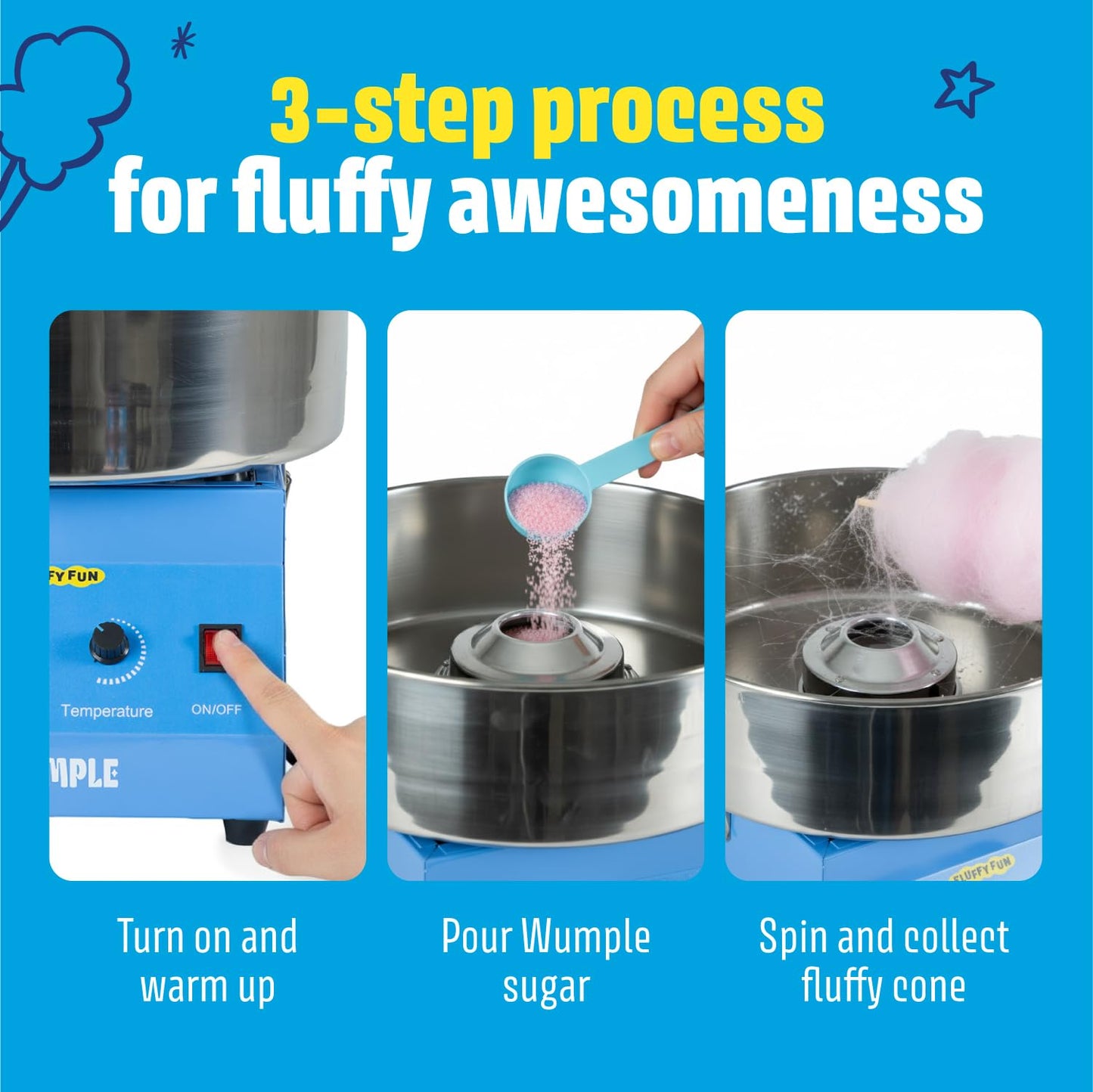 Wumple Cotton Candy Machine - 1000W Commercial-Grade Electric Cotton Candy Maker - 3-Minute Heat-Up - Stainless Steel Bowl - for Parties, Carnivals & Home Use - Blue