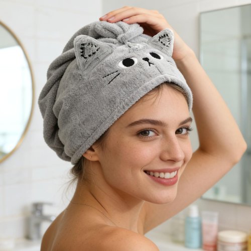 KIGOTWIN 2Pack Microfiber Hair Towel Wrap for Kids, Cute Cat Absorbent Hair Drying Turbans Head Towels for Women Girls (Pink and Gray cat)