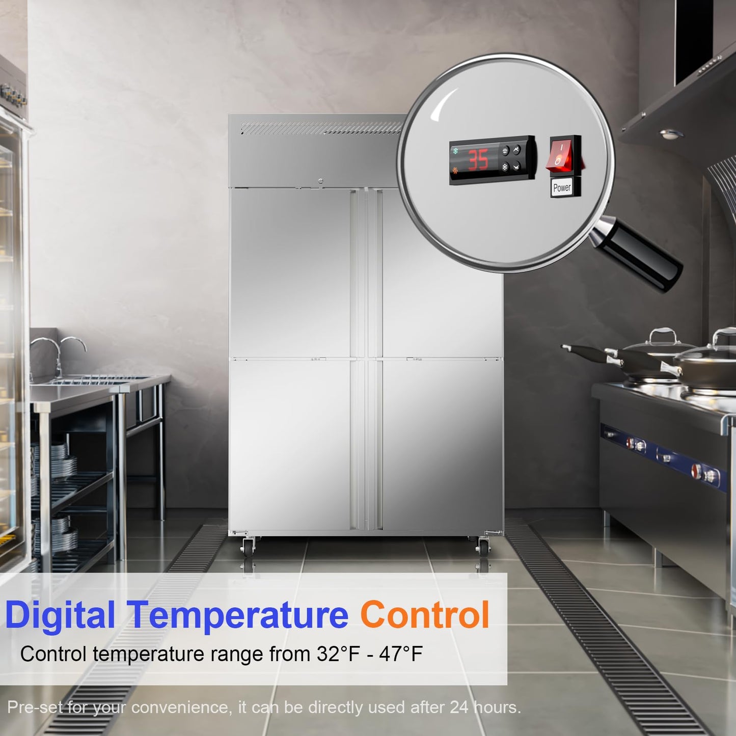ECEVT 48" W 4 Door Commercial Refrigerator, 36 Cu.ft Stainless Steel Industrial Fridge (32℉~47℉) with 8 Adjustable Shelves, Lockable Door, Wheels, Auto-Defrost for Restaurant, Kitchen, Shop