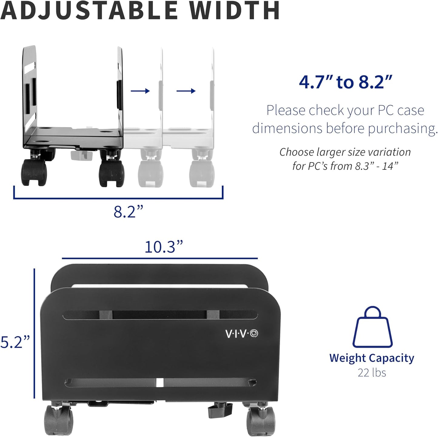 VIVO CART-PC01 Computer Mid-Tower Case, CPU Steel Rolling Stand, Adjustable Mobile Cart Holder with Locking Caster