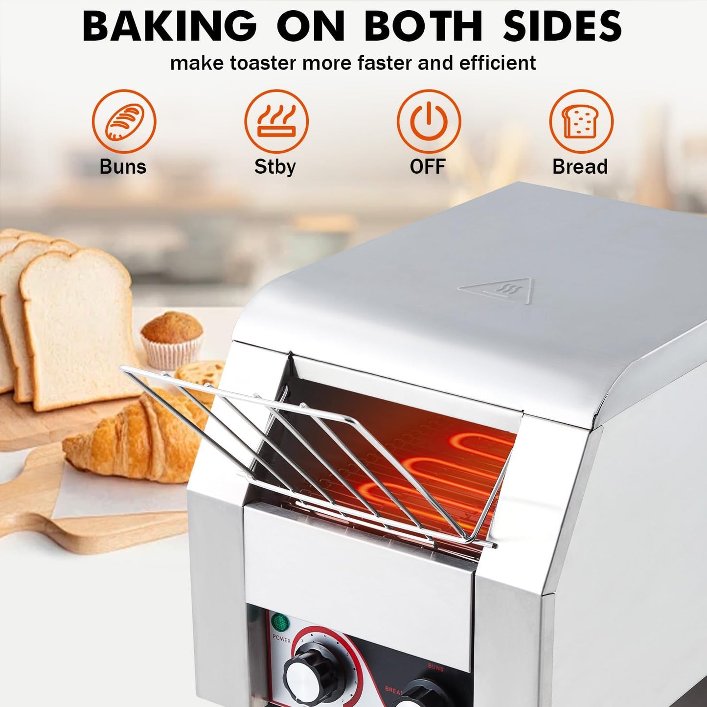 Commercial Conveyor Toaster, 150 Slices/h Heavy Duty Stainless Steel Toaster, Dual Heating Tubes, 7-Speed Adjustable Electric Oven for Bagels, Croissants, Bakery, Café