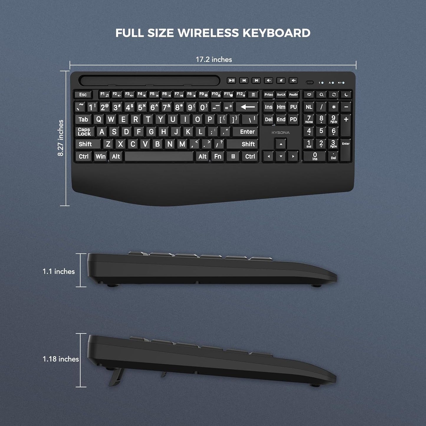 KYSONA 2.4G Large Print Wireless Keyboard, Full Size Cordless Computer Keyboard with Phone Holder, Palm Rest, Ergonomic