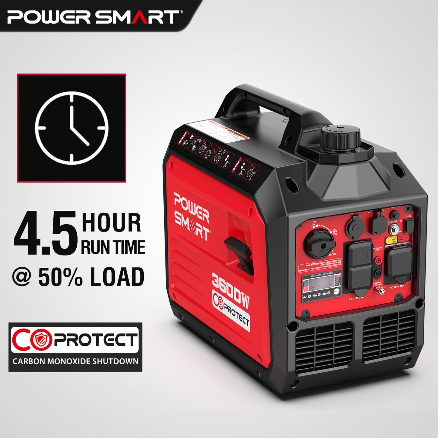 PowerSmart 3600-Watt Portable Inverter Generator, Super Quiet Generators for Home Use, Outdoor Camping, RV Ready 30A Outlet, Digital Display, Parallel Ready, EPA Compliant