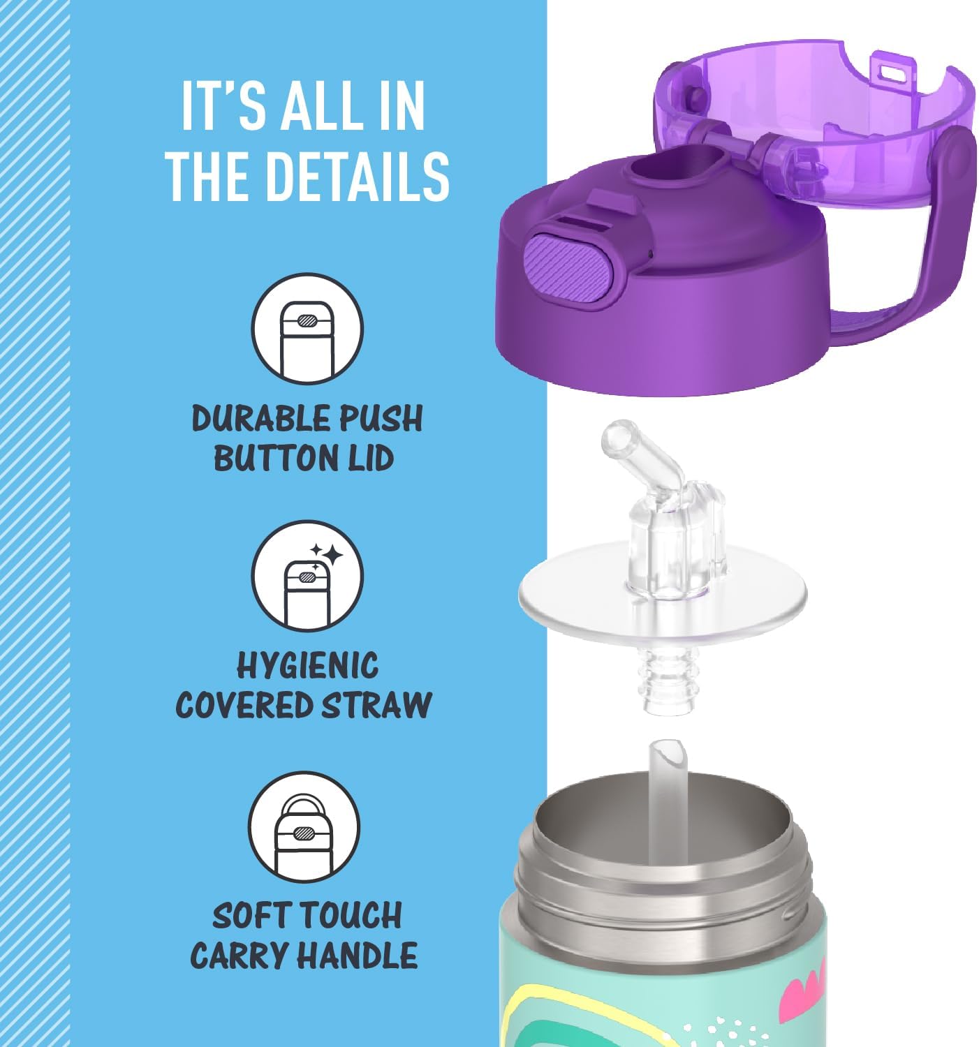 THERMOS FUNTAINER Water Bottle - 12 Ounce Kids Stainless Steel Vacuum Insulated with Straw | Colorful Rainbows