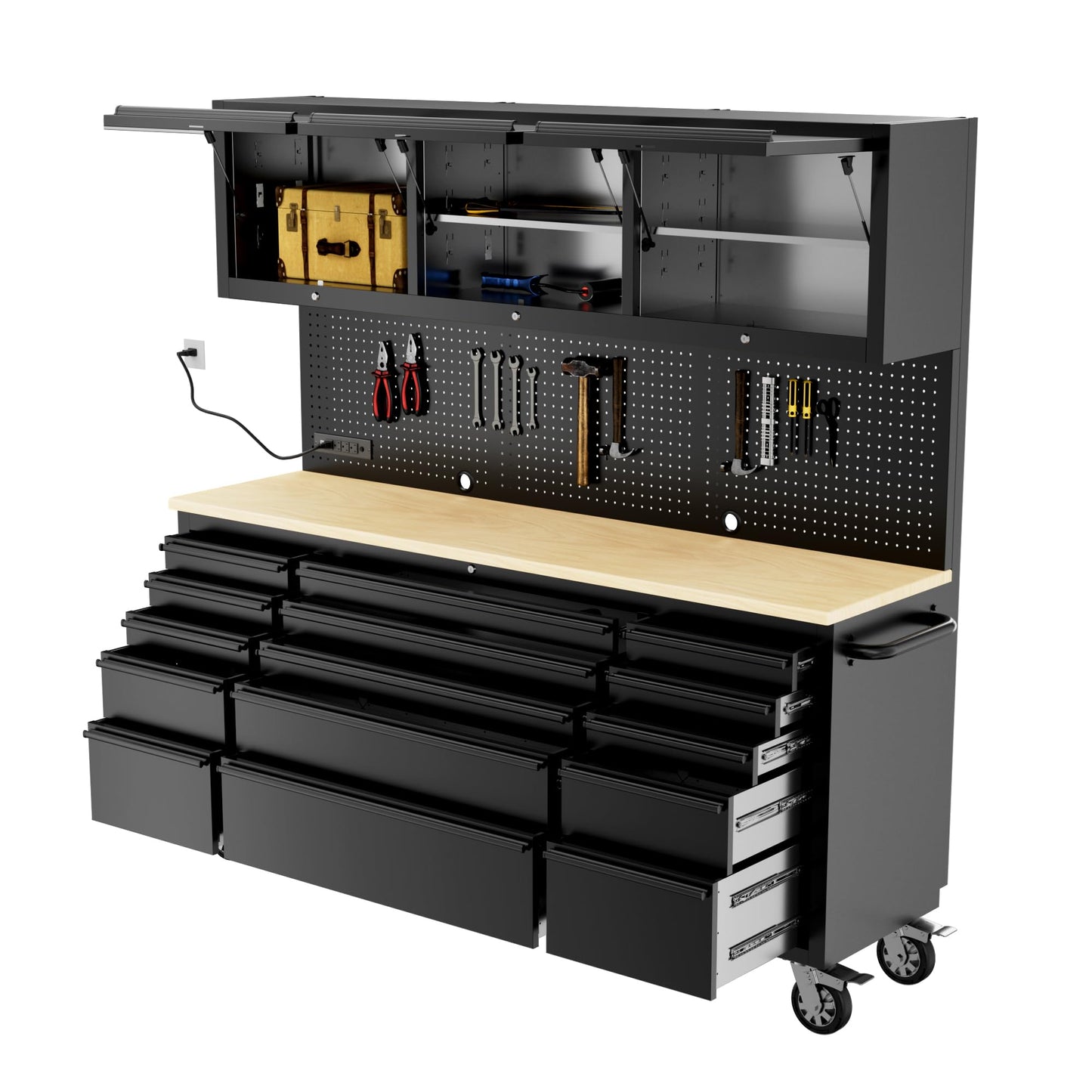 DOMINEVA 72-inch Heavy Duty Tool Chest & Rolling Workbench with 15 Drawers,3 Upper Cabinet,Pegboard & Power Strip, for Garage, Shop, Workshop Use,Black