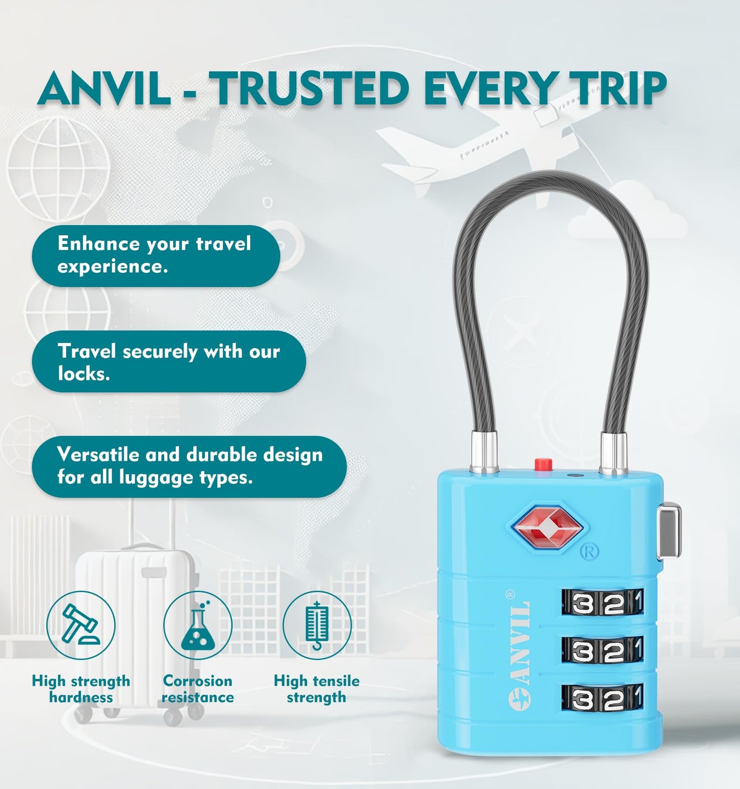 ANVIL TSA Approved Luggage Locks – High Security TSA008 Combination Travel Locks with Inspection Indicator for Suitcases and Backpacks. (2, Bule)