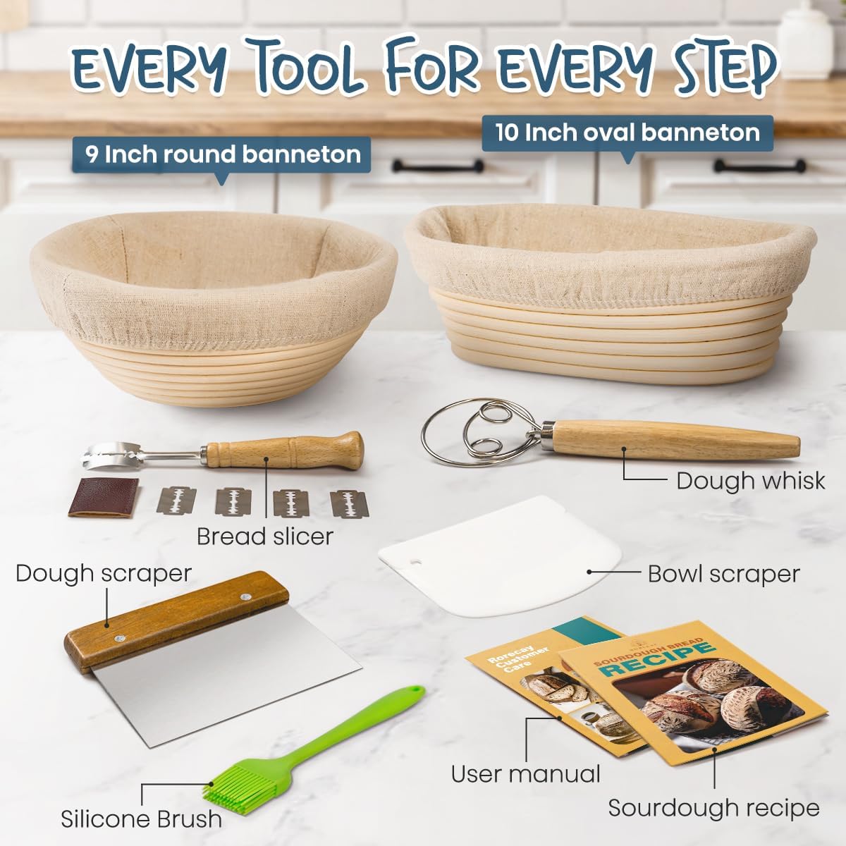 RORECAY Proofing Basket Set - 9" Round & 10" Oval Cane Baskets with Dough Whisk & Scrapers for Sourdough Baking