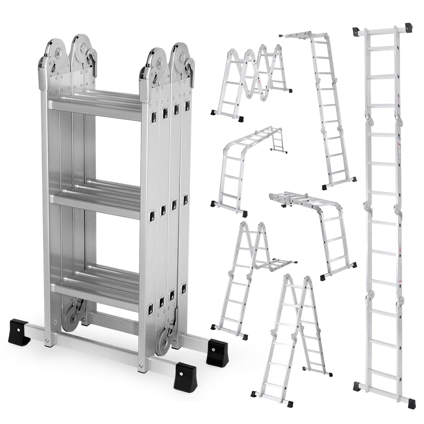 NEWBULIG 7-in-1 Multi-Purpose Adjustable Folding Ladder, Aluminum Heavy Duty Collapsible Tall Extension Step Ladder for Home Roof RV Work Garage & Outdoor Use