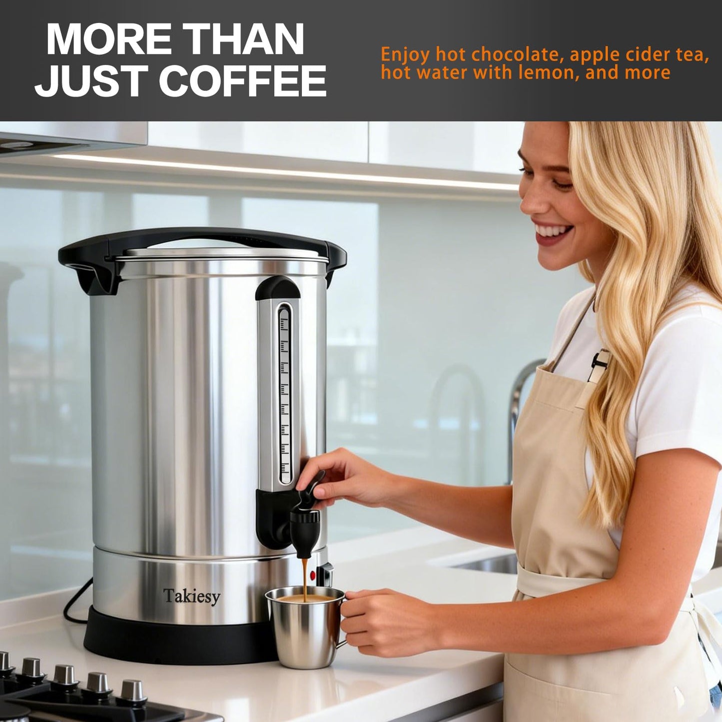 Takiesy Commerical Coffee Maker Urn 120 Cup Coffee Dispenser with Upgraded Percolator, Stainless Steel Fast Brew and Stay Hot Mode Beverage Dispenser Large Coffee Maker for Catering Party