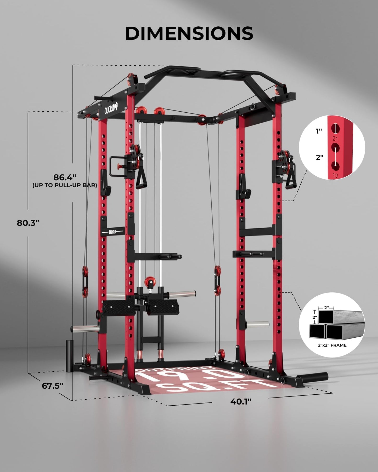 Mikolo K6 2.0 Power Cage, Power Rack with Cable Crossover System, 2000LBS Squat Rack with LAT Pull Down System, Functional Trainer with Aluminum Pulley System for Home Gym, Red