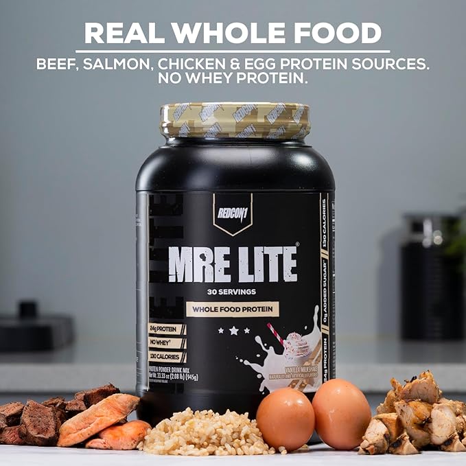 REDCON1 MRE Lite Whole Food Protein Powder, Vanilla Milkshake - Low Carb & Whey Free Meal Replacement with Animal Protein Blends - Easy to Digest Supplement Made with MCT Oils (30 Servings)