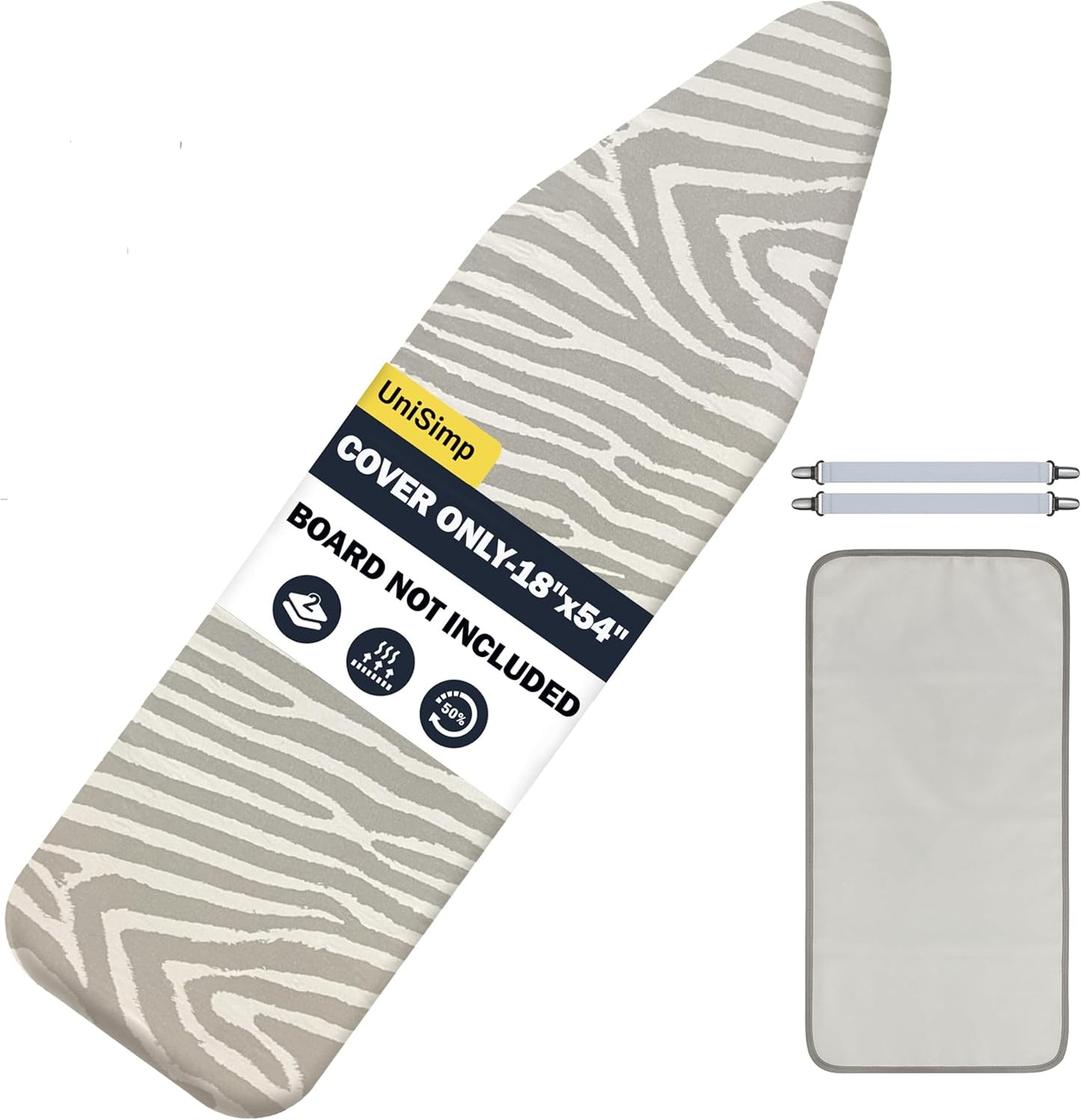 UniSimp Ironing Board Cover - Extra Thick Natural Cotton, Scorch & Stain Resistant | 18"x54" Zebra Design