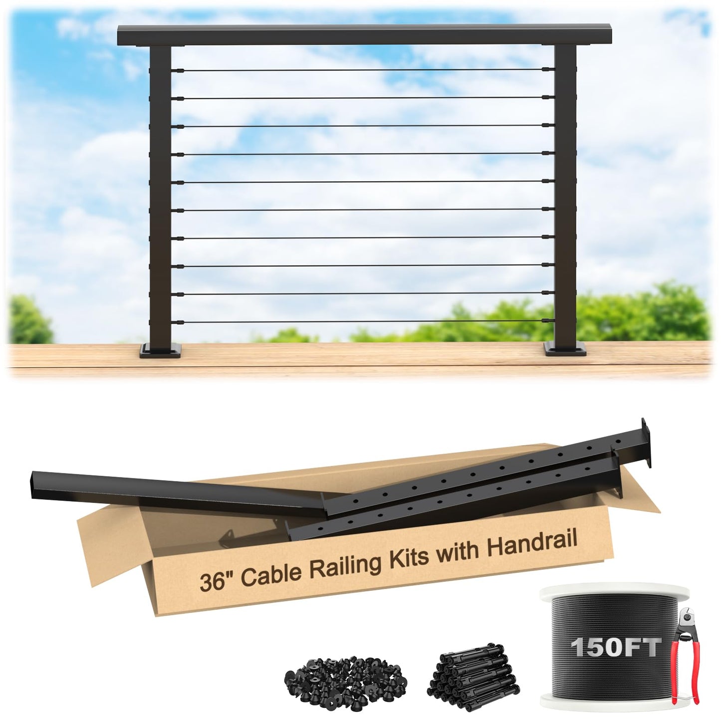 PLANTOP 4.5ft Complete Set 36" Cable Railing Post with Handrail Cuttable, 2 Pack Surface Mount Flact Top Level-Drilled Posts, 150ft 1/8" Wire Rope, Swageless Black Cable Railing System Kit, MY20-LP