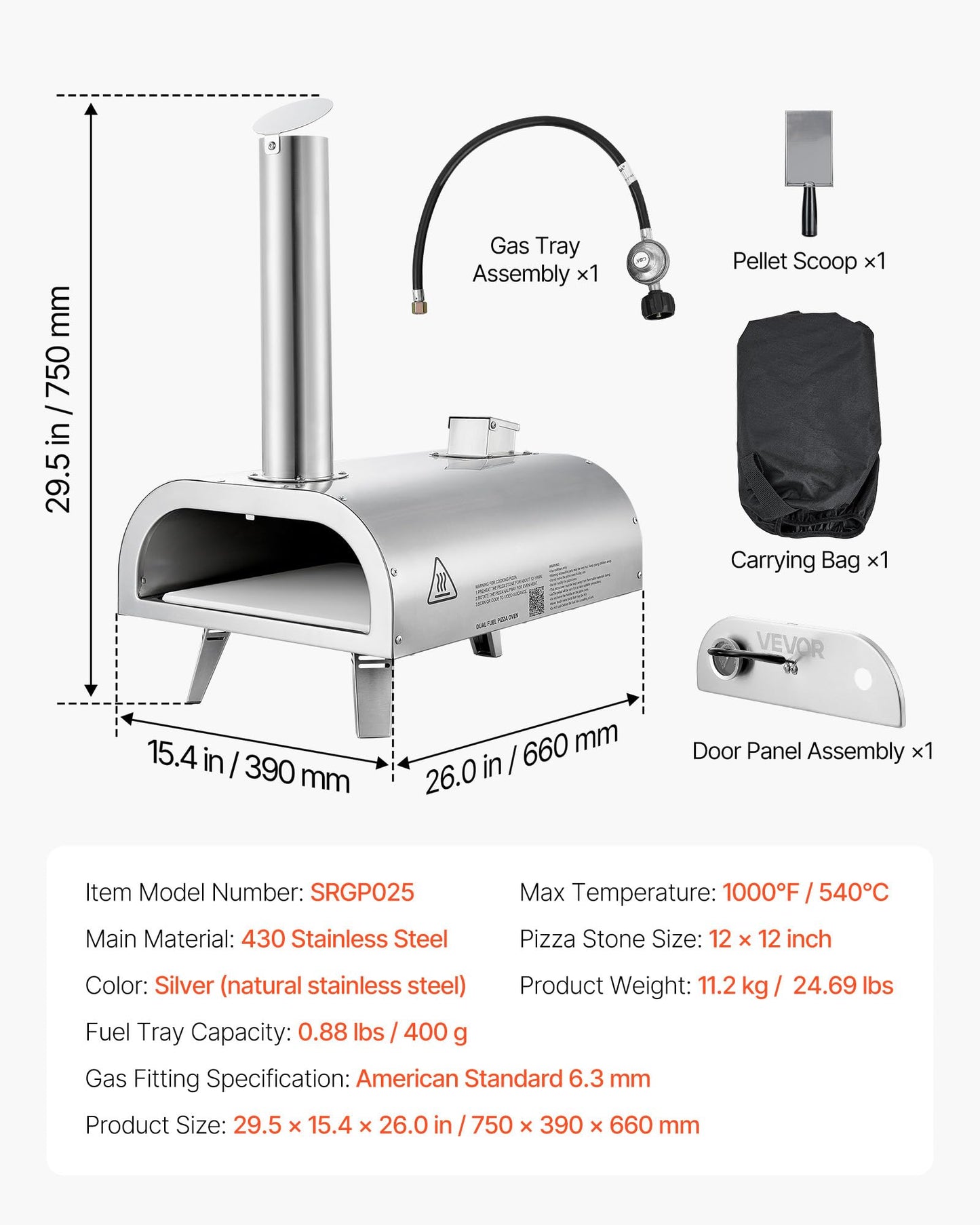 VEVOR Dual Fuel Pizza Oven Outdoor, 12 Inch Wood Fire & Propane Gas Pizza Oven, Pellet & Propane Pizza-Maker with Thermometer, Carry Bag, Stainless Steel Pizza-Cook for Outside Camping & Backyard