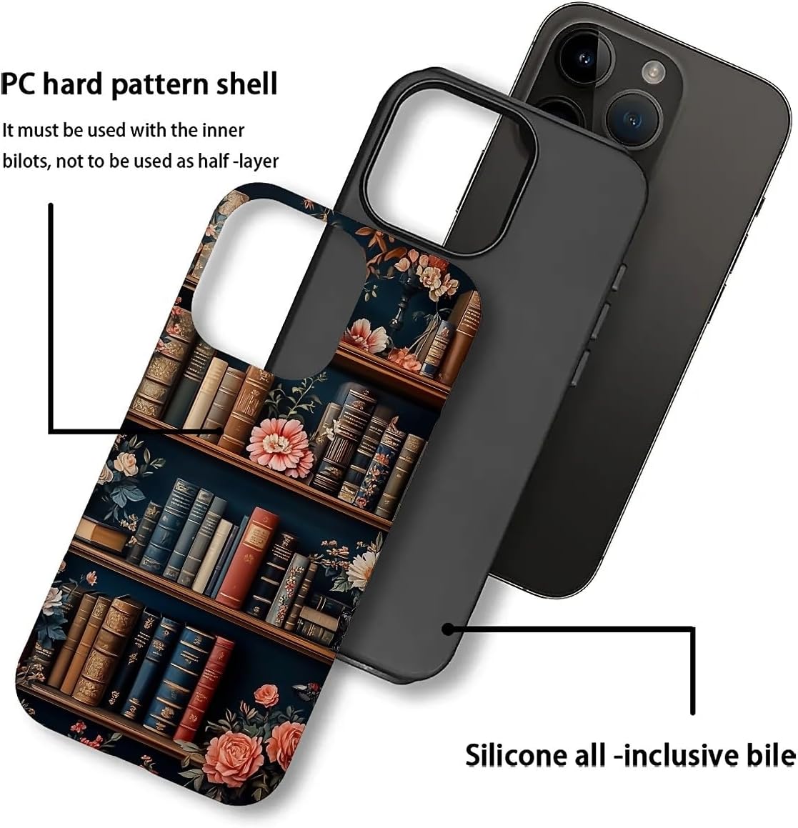 Akinmi 16 16 Case for iPhone Pro Max,Flower Bookshelf Exquisitely Pattern Double Protective Phone Cover Cases Soft