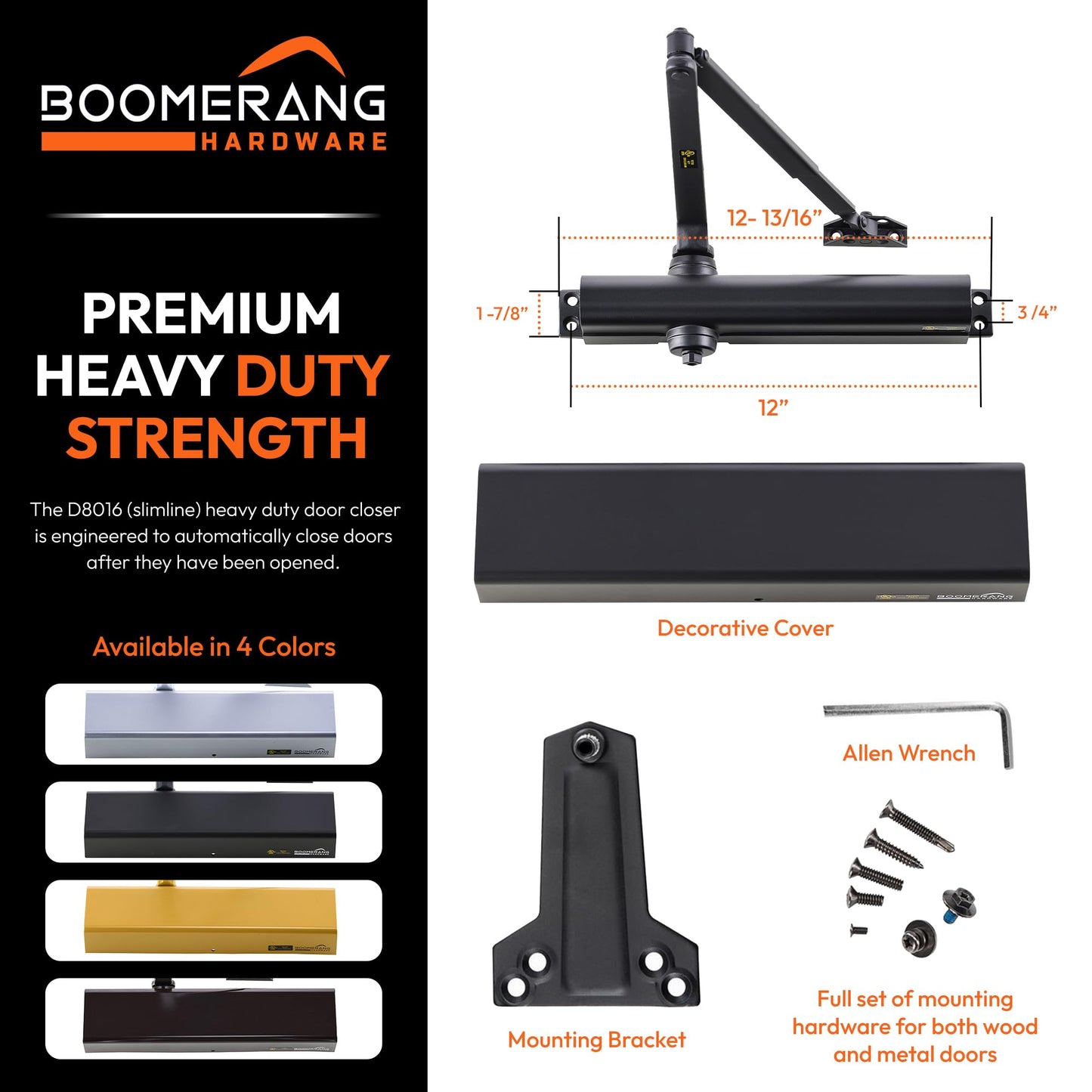 Boomerang Heavy Duty Designer Automatic Commercial Door Closer - D8016-Surface Mounted, Grade 1, Cast Aluminum, UL 3 Hour Fire Rated & ADA for high Traffic doorways, Matte Black (US19)