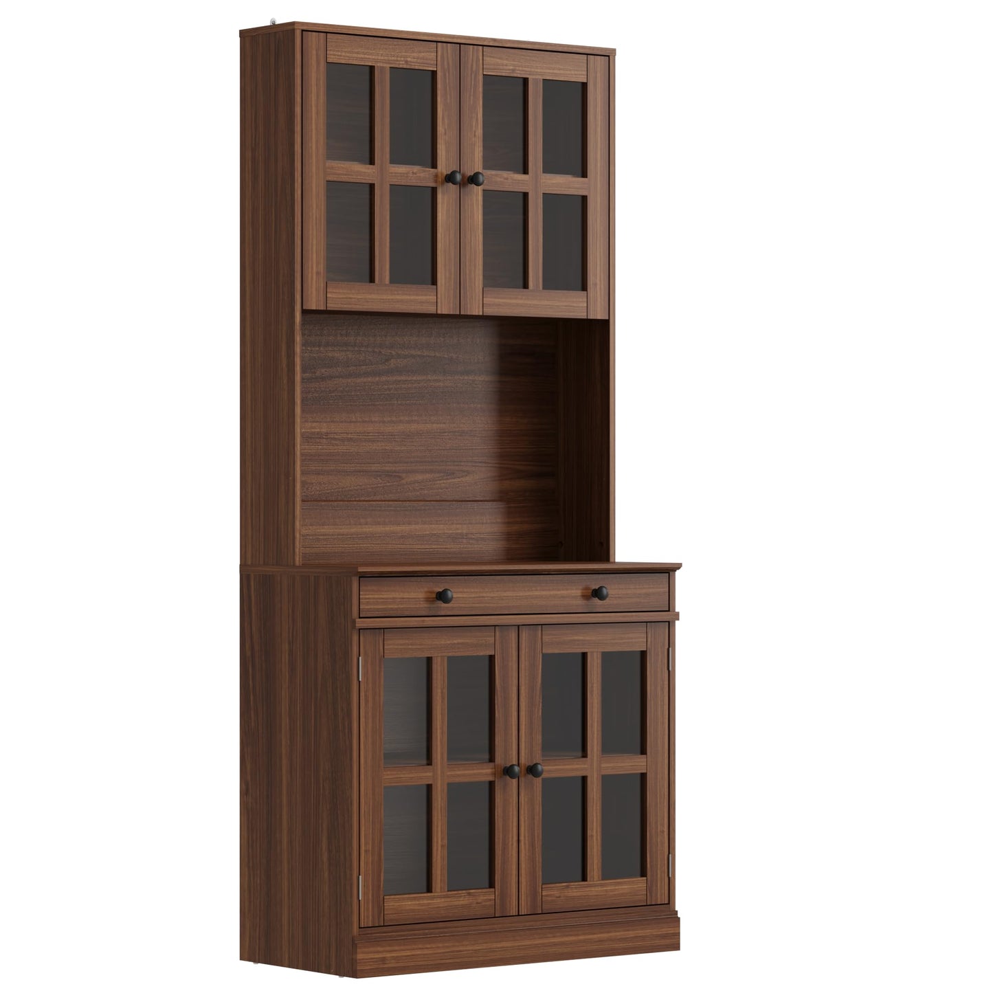 Garvee 72 Inch Kitchen Pantry Cabinet with Glass Doors, Drawer and Adjustable Shelves, Farmhouse Tall Storage Cabinet with Open Countertop, Coffee Bar Cabinet for Coffee Corner, Walnut