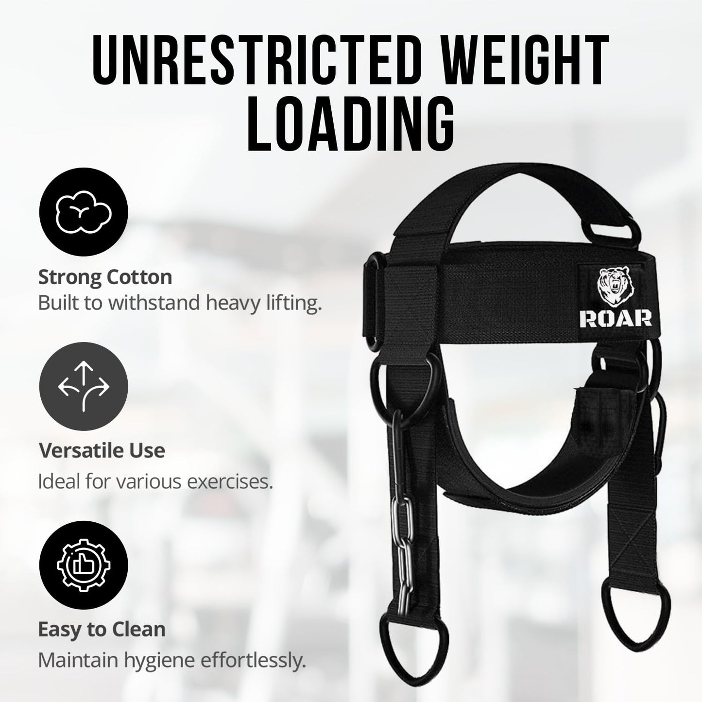 Roar® Neck Harness for Weight Training with Steel Chain & Heavy-Duty D-Rings – Padded Neoprene Head Strap, 4-Way Neck Strength Trainer for MMA, Boxing, Wrestling & Gym – Adjustable, Comfortable & Durable