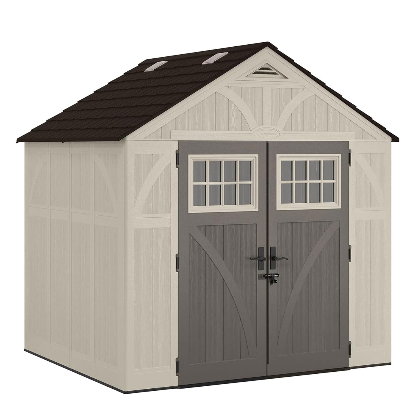 Suncast 8x7 Ft. Outdoor Storage Shed - Large Resin Shed with Floor, Lockable Double Doors, & Skylights. 378 Cu Ft Tremont Garden Sheds & Outdoor Storage for Lawn Tools, Riding Mowers, Bikes, & More