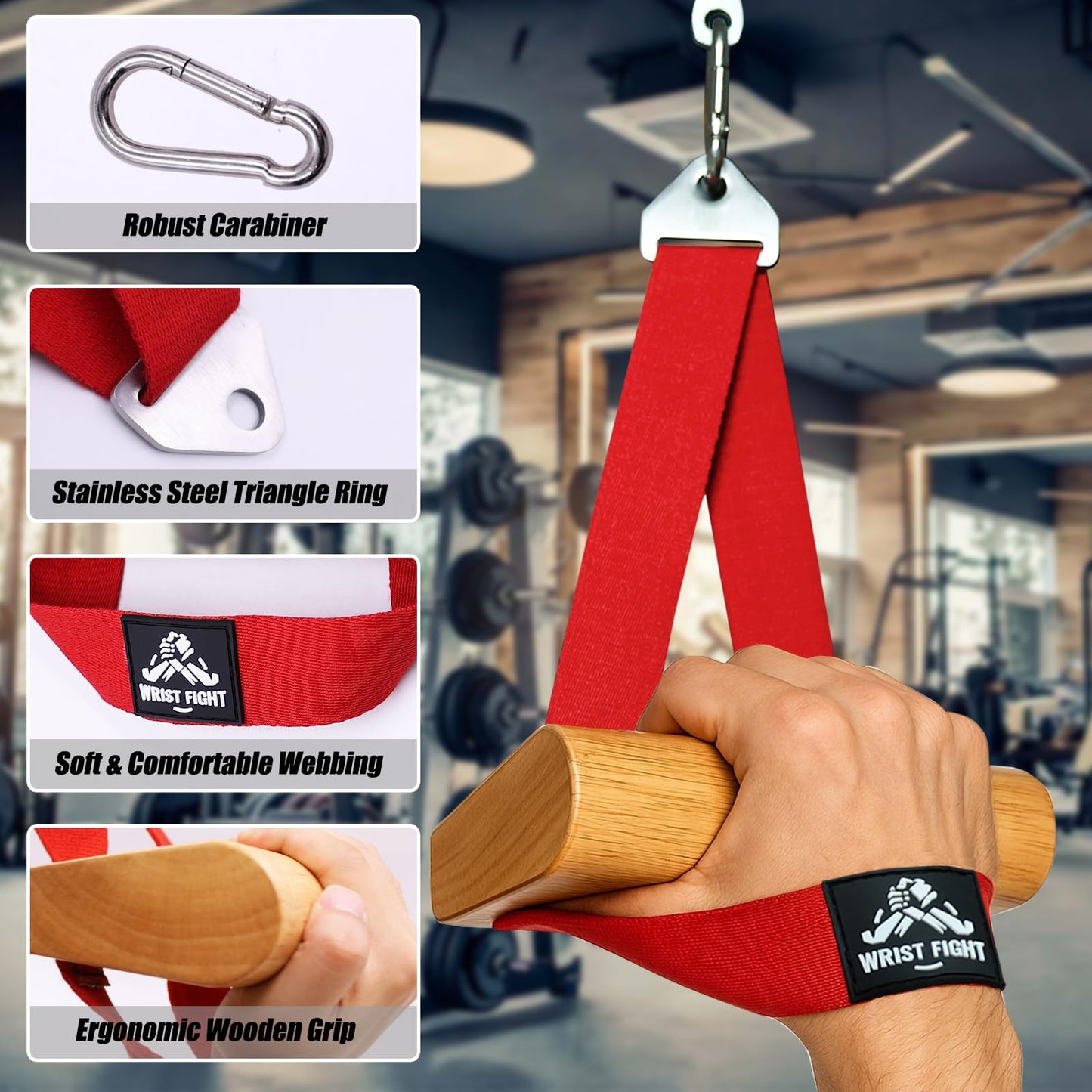 Arm Wrestling Training Handle with Ergonomic Wooden Grip – Wrist & Forearm Strength Trainer Cable Machine Handles, Pulldown Attachments (Red)