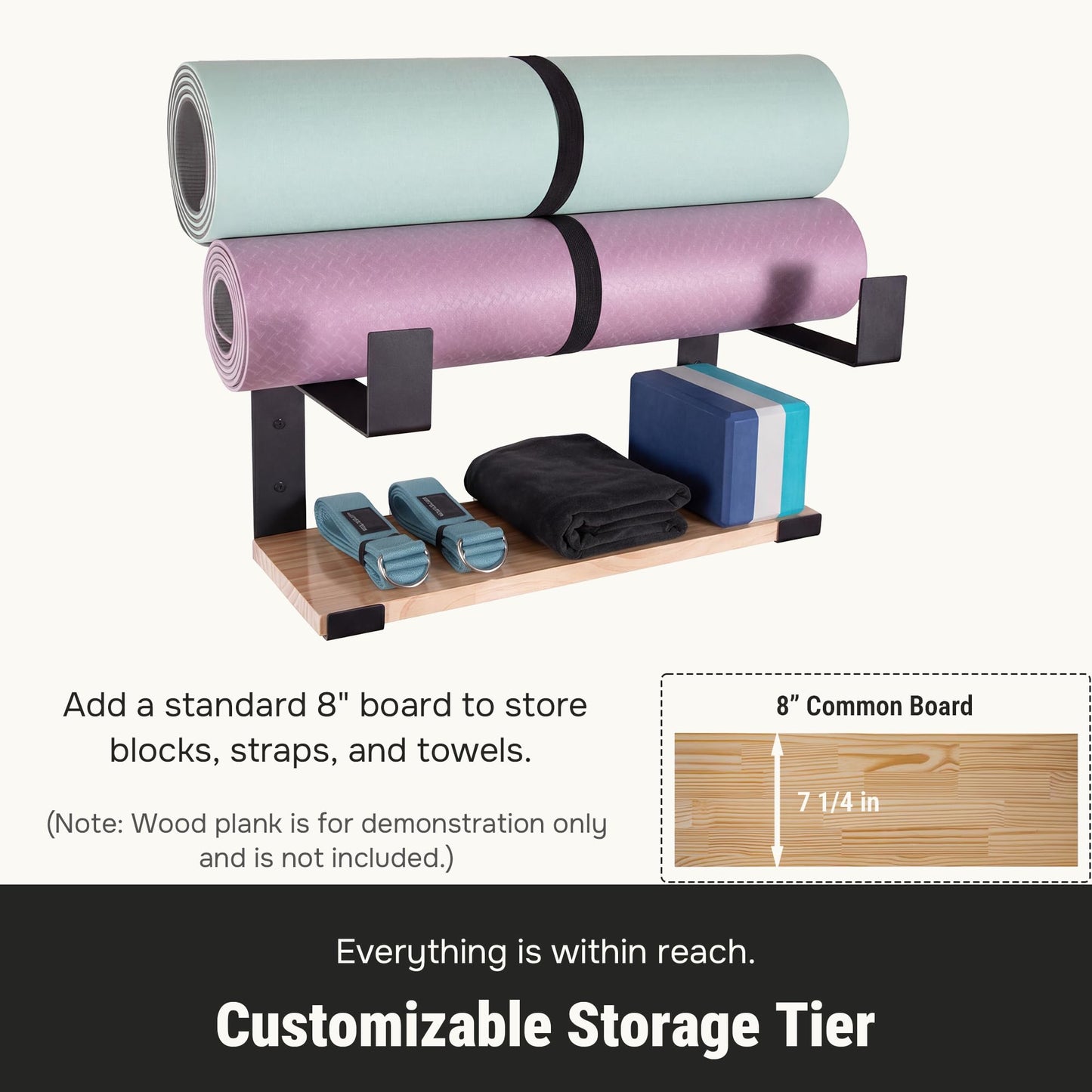 RoakyRoasy Yoga Mat Holder with Protective Padding Wall Mount Steel Storage Rack, 2 Tier Adjustable Width Hanger for up to 4 Foam Rollers, Easy Installation