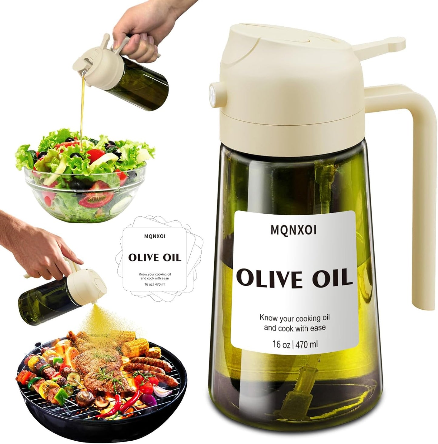 Skiennix 2-in-1 Glass Oil Sprayer & Dispenser - 16oz Olive Oil Bottle for Cooking & Salad | White & Dark Green