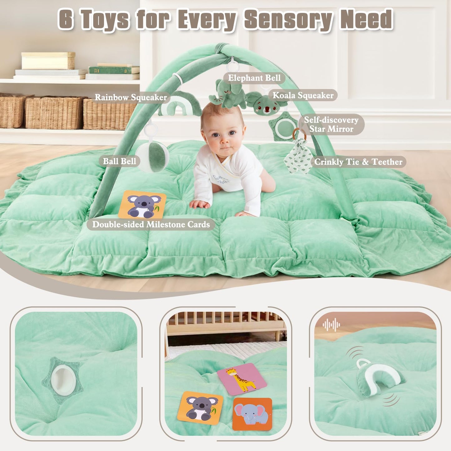 5-in-1 Plush Baby Play Gym, Baby Play Mats, Convertible Baby Gym, Tummy time mat, 6 Sensory Toys, Activity Center, Ball Pit, Sage Green