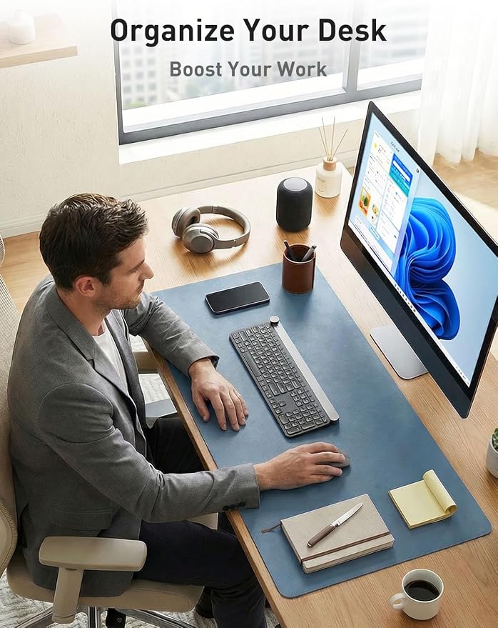 Aothia Faux Leather Desk Mat - Non-Slip PU Leather Desk Blotter, Waterproof Writing Surface, Large Desk Pad for Office & Home (Denim Blue, 55" x 17")