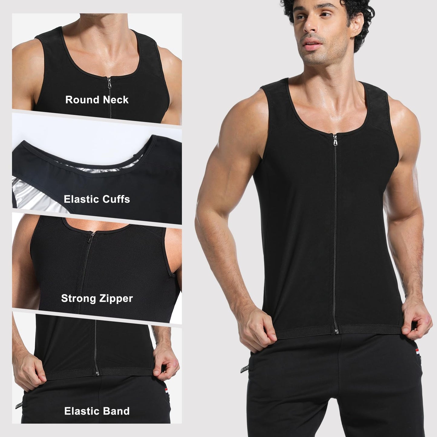 Meiosuns Sauna Sweat Vest for Men Weight Loss Sweat Waist Trainer Vest Compression Sleeveless Sauna Suit Men's Heat Trapping Tank Top Workout Enhancing Shirt Gym Shaper with Zipper (Silver, S/M)
