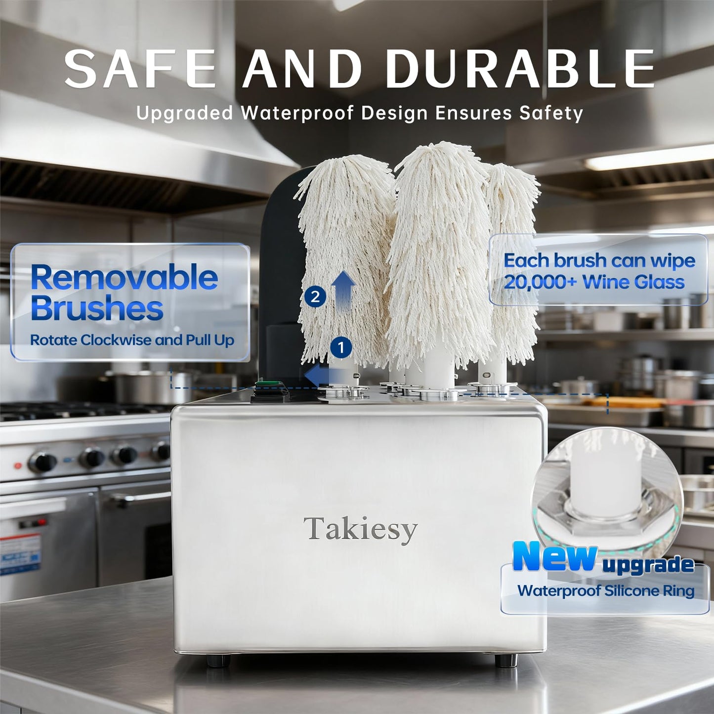 Takiesy Commercial Glass Polisher Machine with 6 Microfiber Brushes, 330 Cups/Hour, 136℉ Warm Air Drying & LFGB Certified Heads, Stainless Steel Build for Wine Beer Glasses in Bar Restaurant Hotel