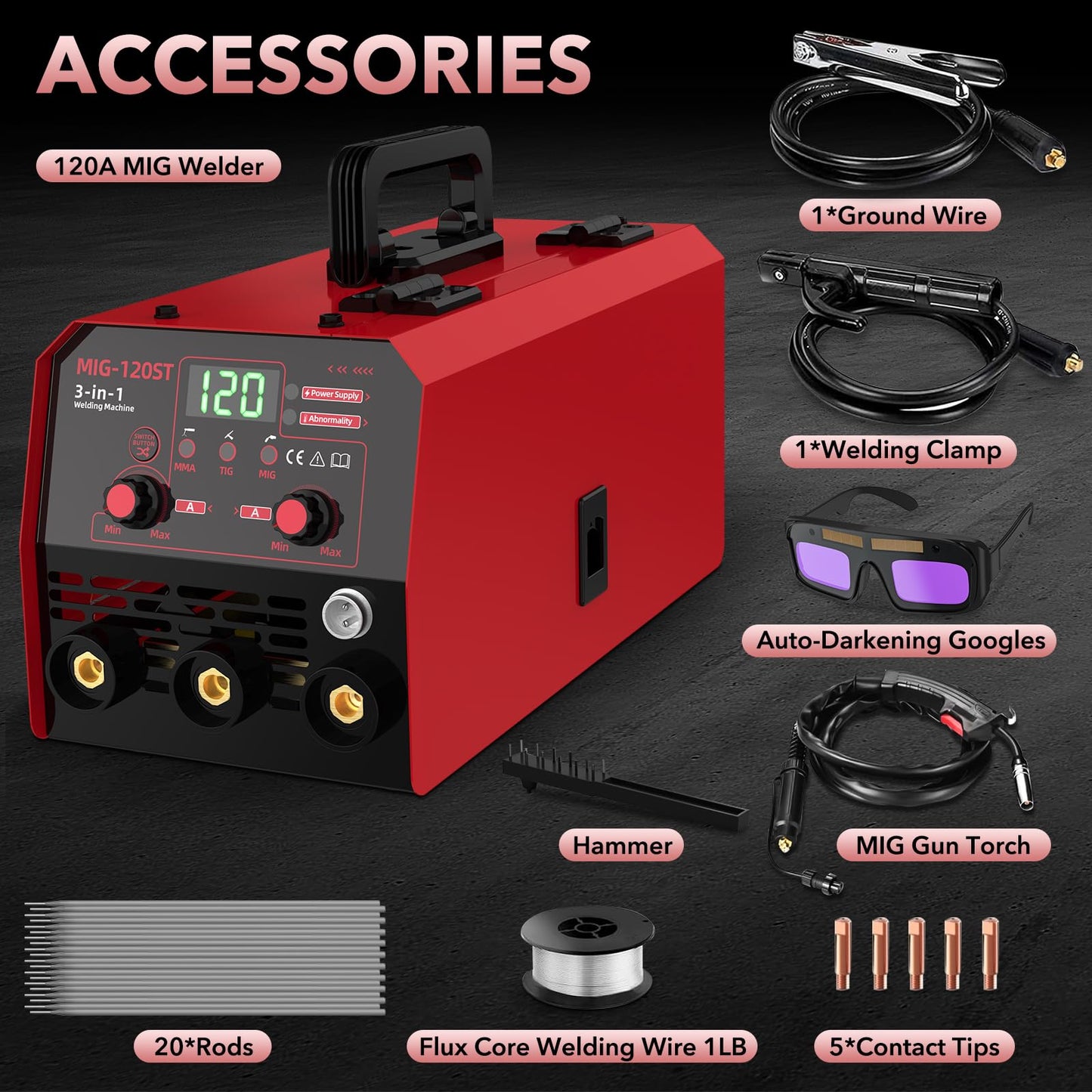 YesRight 120A Mig Welder, 3 IN 1 Gasless Flux Core MIG/Lift TIG/Stick Welder Machine with Synergy, 110V Multiprocess Welding Machine with Welding Googles Rods Wire for Beginners & Professionals