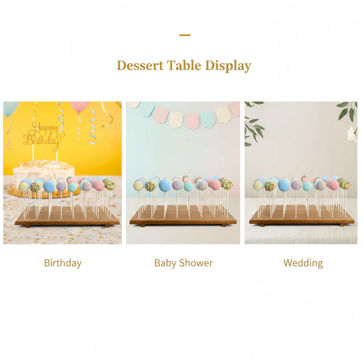 Relaxing Garden 48 Hole Cake Pop Stand, Wooden Cake Pop Display Board with 100 Sticks, 100 Treat Bags & 100 Twist Ties, Dessert Table Holder for Birthday, Baby Shower, Wedding & Parties