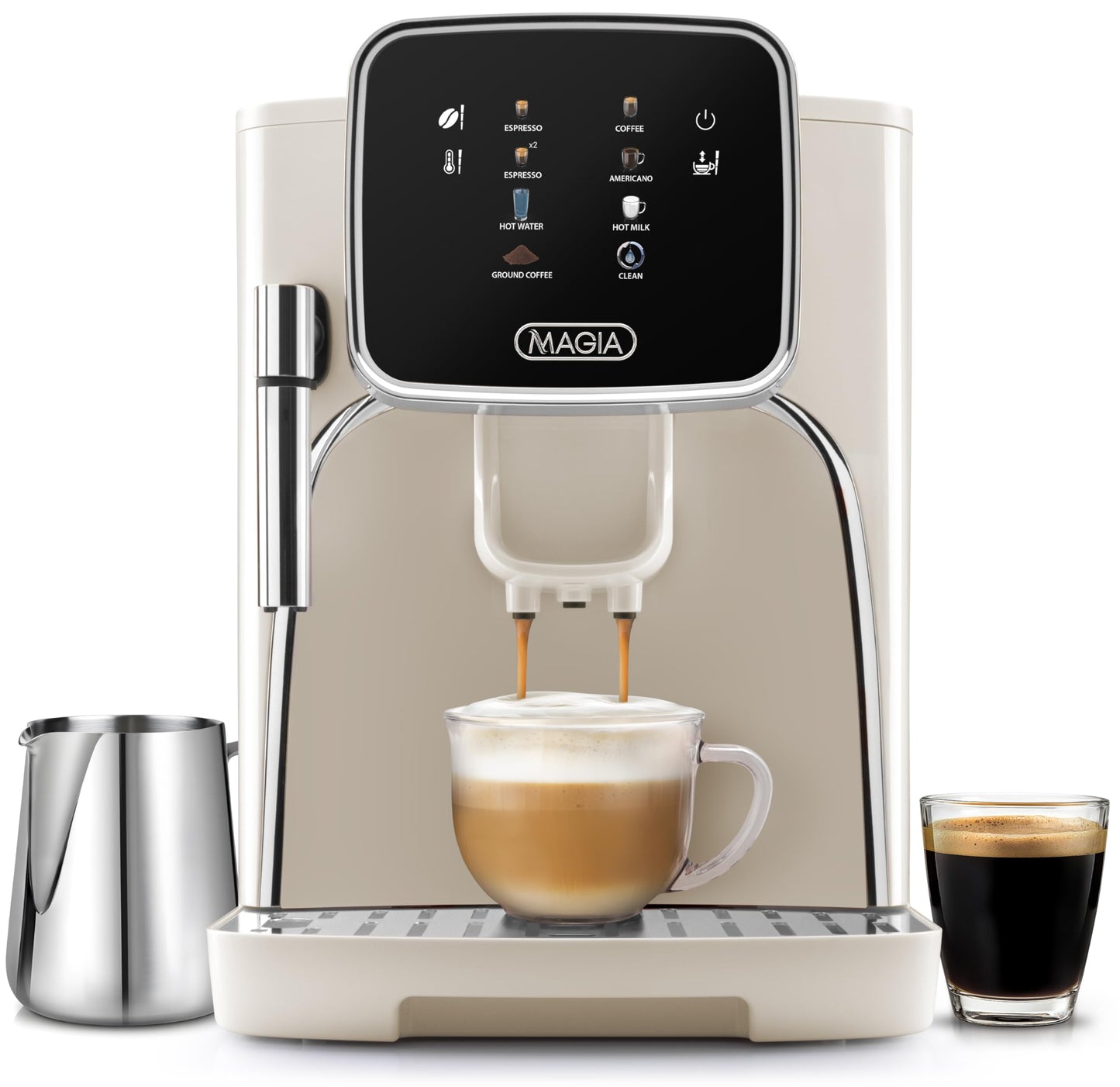 Zulay Kitchen Magia Clasica Automatic Espresso Machine with Built-In Grinder, Touch Panel Coffee Maker, Steam Wand Milk Frother, Adjustable Strength, Self-Cleaning, Cream & Silver (13" x 17.7" x 9.4")