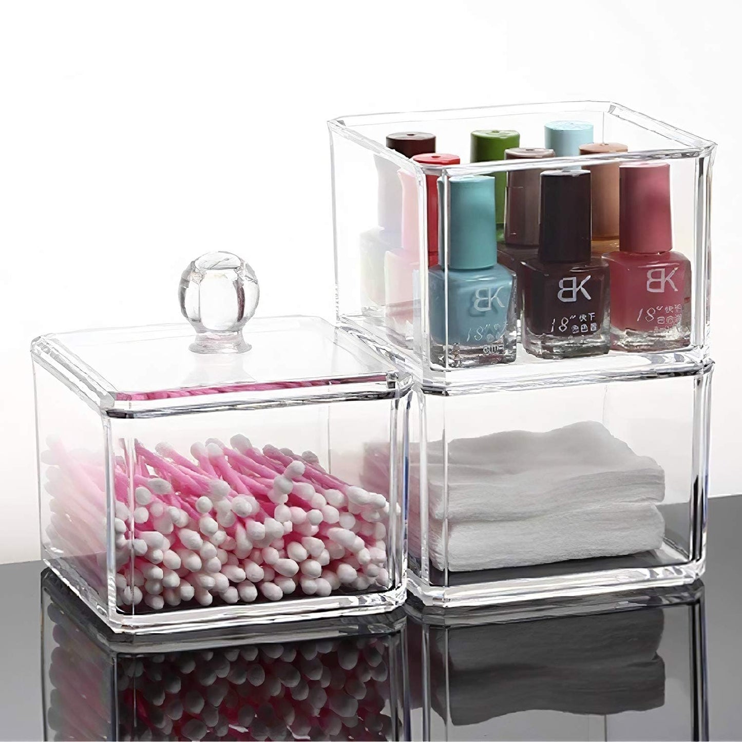 Skiennix Stackable Square Acrylic Cotton Ball Holder - Stylish Q-Tip Dispenser for Bathroom | Single Pack